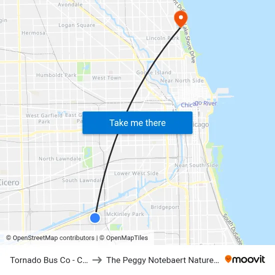 Tornado Bus Co - Chicago to The Peggy Notebaert Nature Museum map
