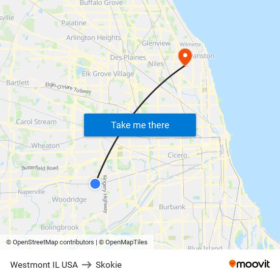 Westmont IL USA to Skokie map