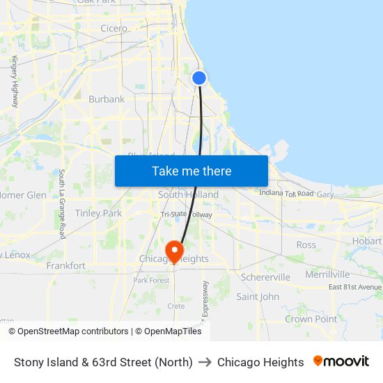 Stony Island & 63rd Street (North) to Chicago Heights map