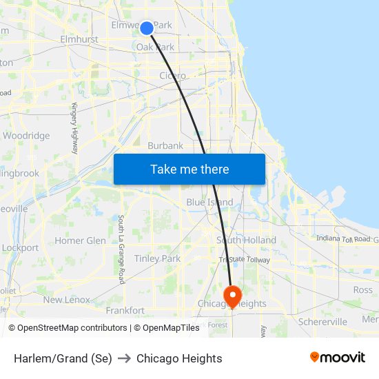 Harlem/Grand (Se) to Chicago Heights map