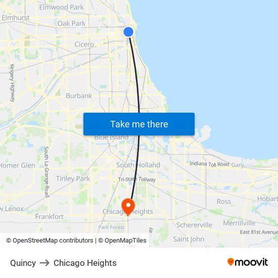 Quincy to Chicago Heights map