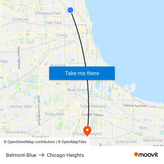 Belmont-Blue to Chicago Heights map