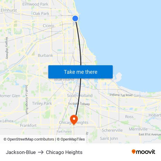 Jackson-Blue to Chicago Heights map