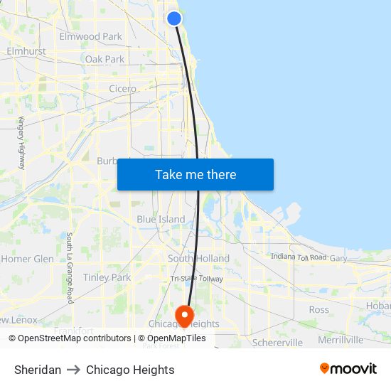 Sheridan to Chicago Heights map