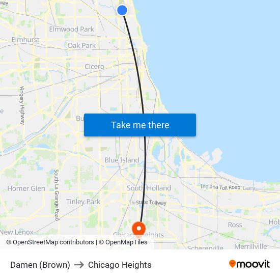 Damen (Brown) to Chicago Heights map