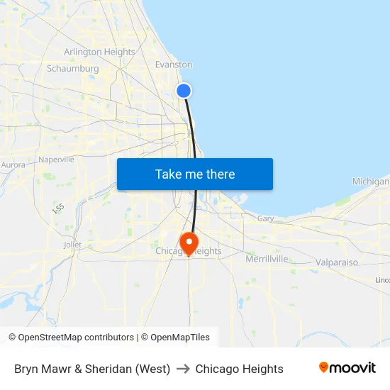 Bryn Mawr & Sheridan (West) to Chicago Heights map