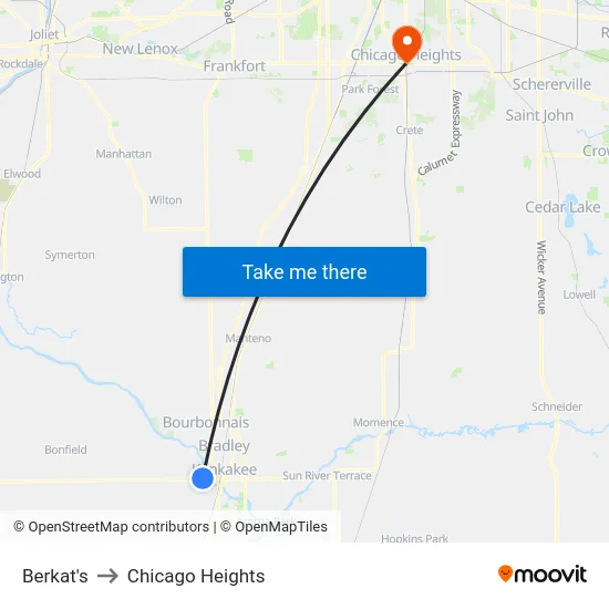Berkat's to Chicago Heights map