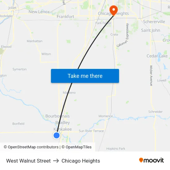 West Walnut Street to Chicago Heights map