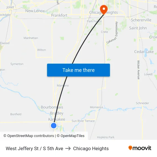 West Jeffery St / S 5th Ave to Chicago Heights map