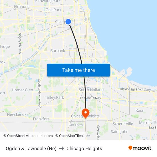 Ogden & Lawndale (Ne) to Chicago Heights map