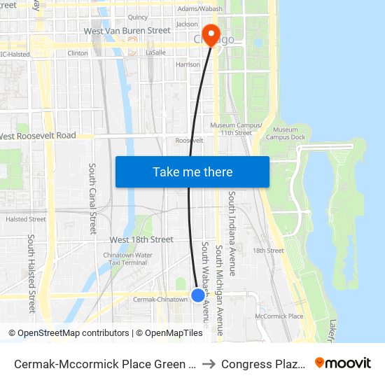 Cermak-Mccormick Place Green Line Station to Congress Plaza Hotel map