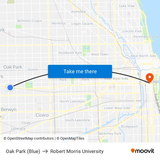 Oak Park (Blue) to Robert Morris University map