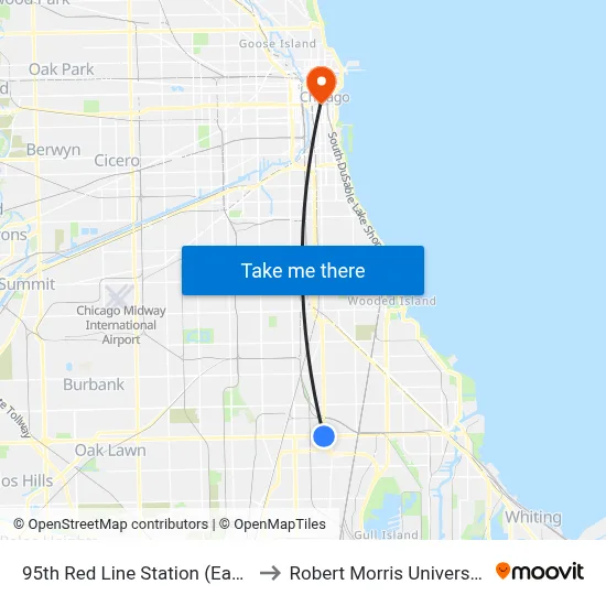 95th Red Line Station (East) to Robert Morris University map