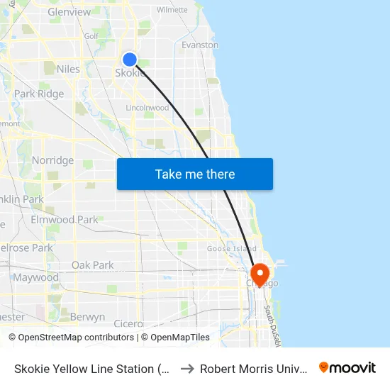 Skokie Yellow Line Station (South) to Robert Morris University map