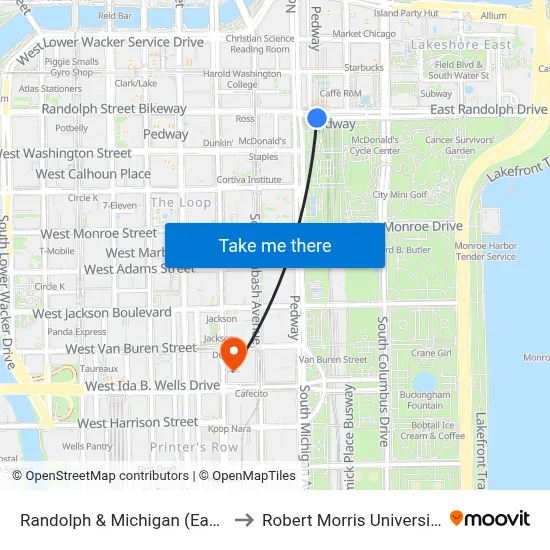 Randolph & Michigan (East) to Robert Morris University map