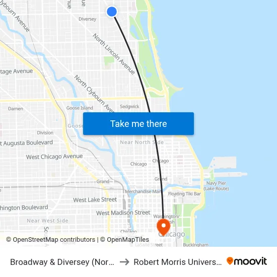 Broadway & Diversey (North) to Robert Morris University map