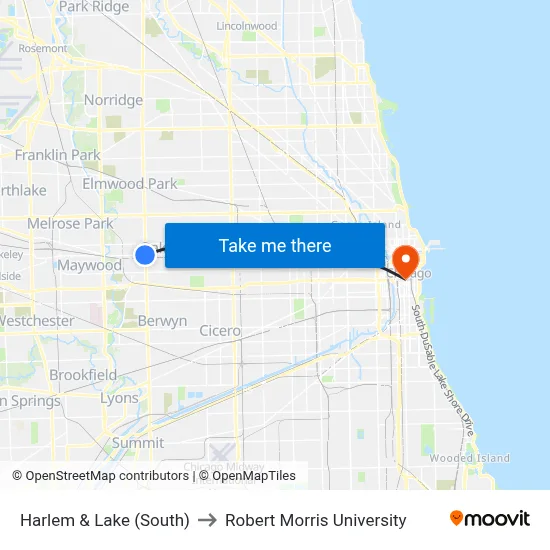 Harlem & Lake (South) to Robert Morris University map