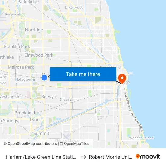 Harlem/Lake Green Line Station (West) to Robert Morris University map