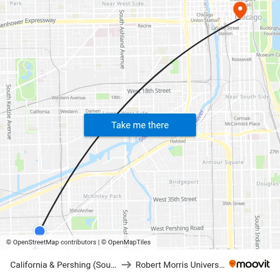 California & Pershing (South) to Robert Morris University map