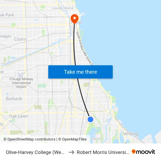 Olive-Harvey College (West) to Robert Morris University map