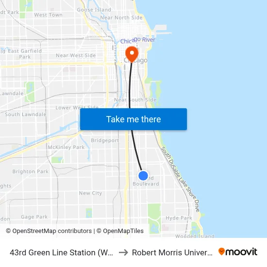 43rd Green Line Station (West) to Robert Morris University map