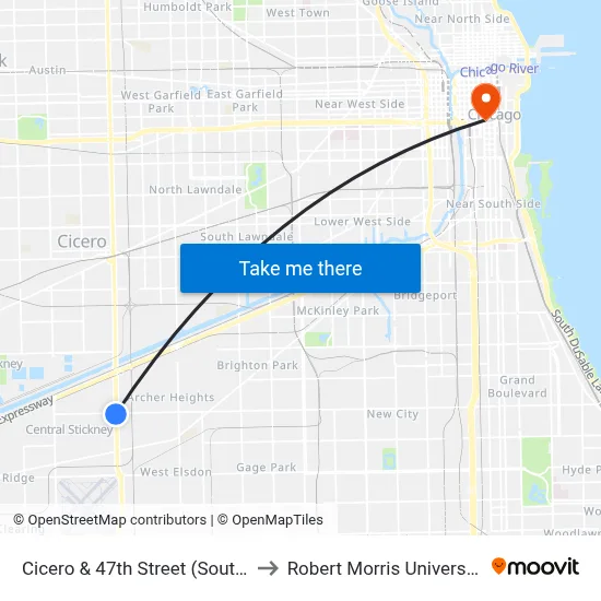 Cicero & 47th Street (South) to Robert Morris University map