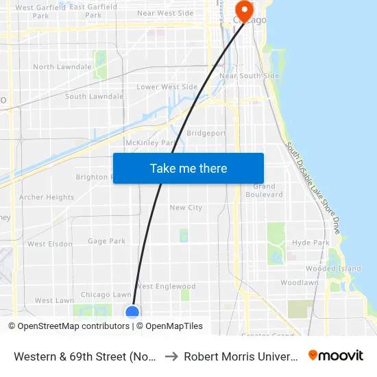 Western & 69th Street (North) to Robert Morris University map