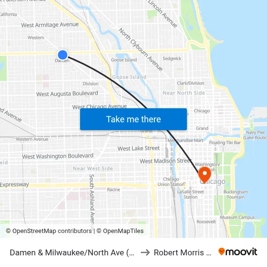 Damen & Milwaukee/North Ave (Blue Line) (North) to Robert Morris University map