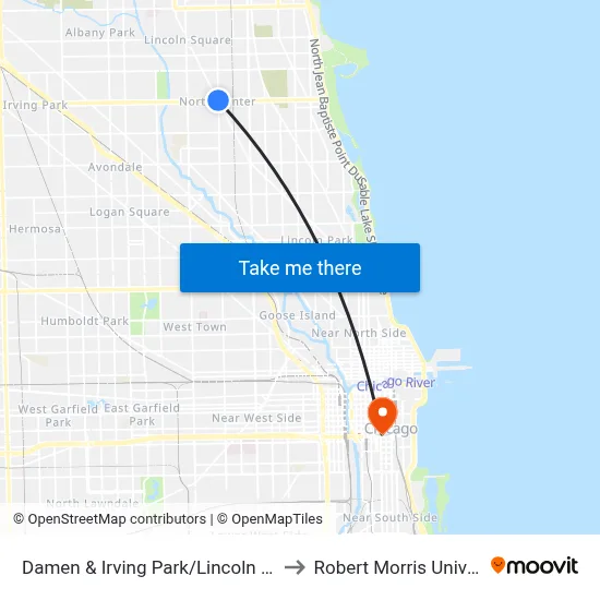 Damen & Irving Park/Lincoln (North) to Robert Morris University map