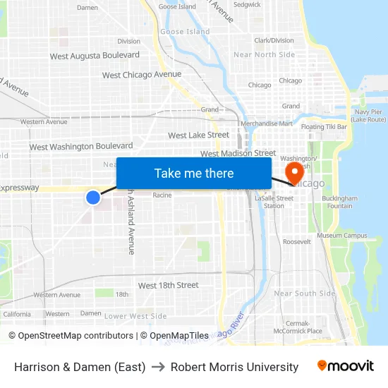 Harrison & Damen (East) to Robert Morris University map