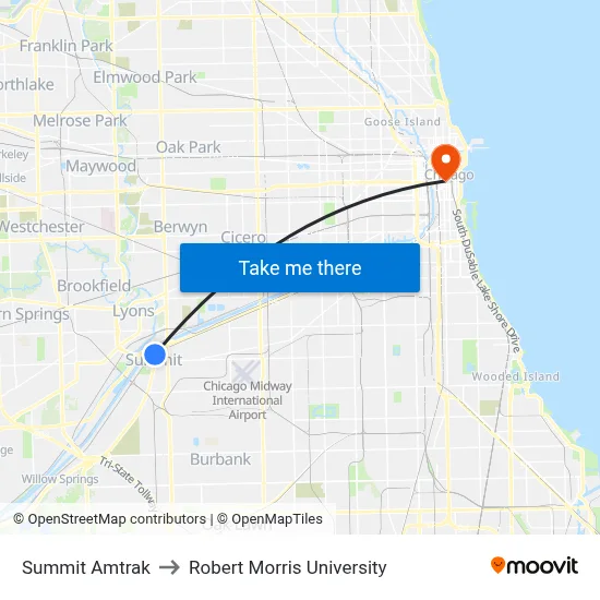 Summit Amtrak to Robert Morris University map