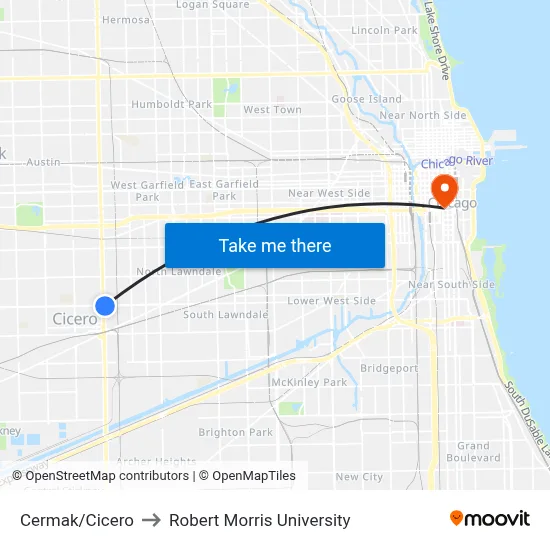 Cermak/Cicero to Robert Morris University map