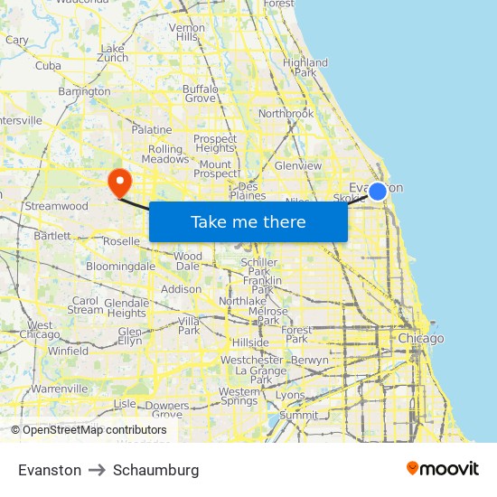 Evanston to Schaumburg map