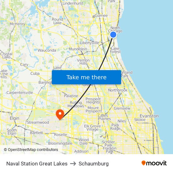 Naval Station Great Lakes to Schaumburg map