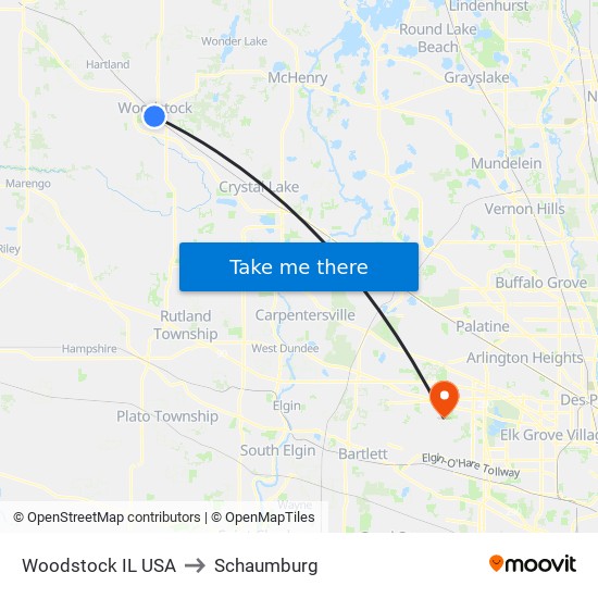 Woodstock IL USA to Schaumburg map