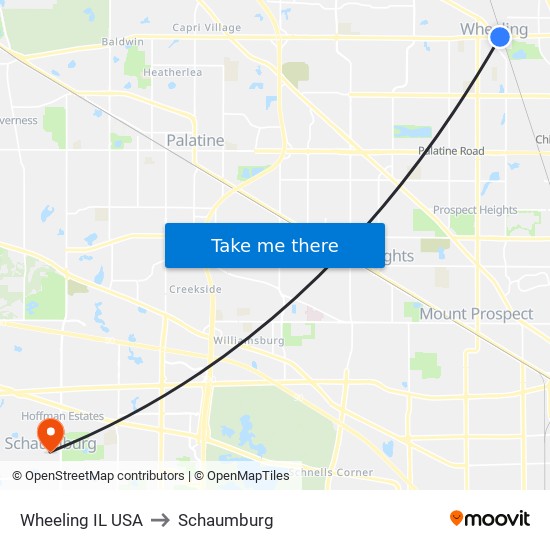 Wheeling IL USA to Schaumburg map