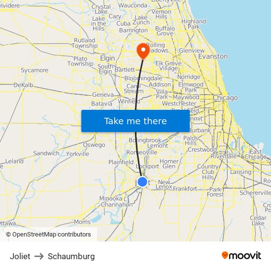 Joliet to Schaumburg map