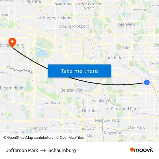 Jefferson Park to Schaumburg map