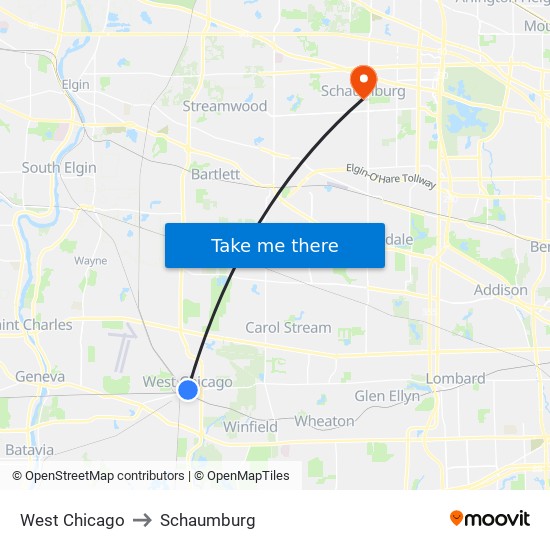 West Chicago to Schaumburg map