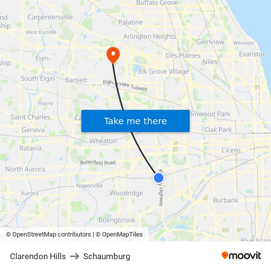 Clarendon Hills to Schaumburg map