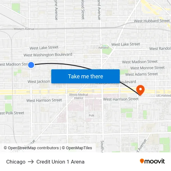 Chicago to Credit Union 1 Arena map