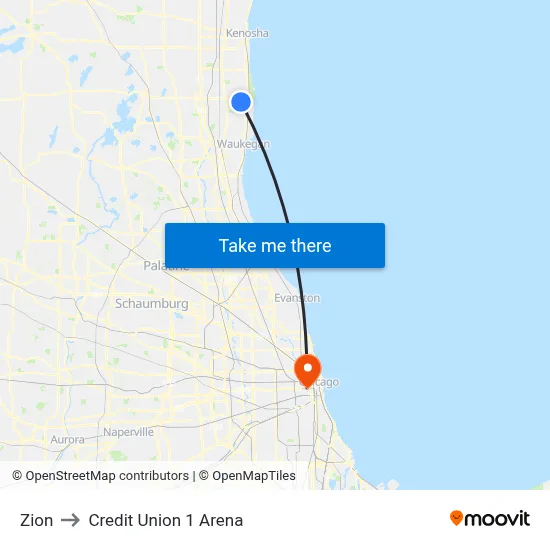 Zion to Credit Union 1 Arena map