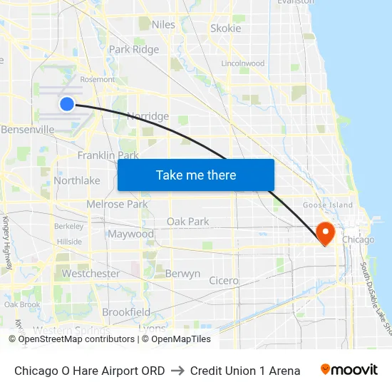 Chicago O Hare Airport ORD to Credit Union 1 Arena map
