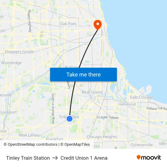 Tinley Train Station to Credit Union 1 Arena map