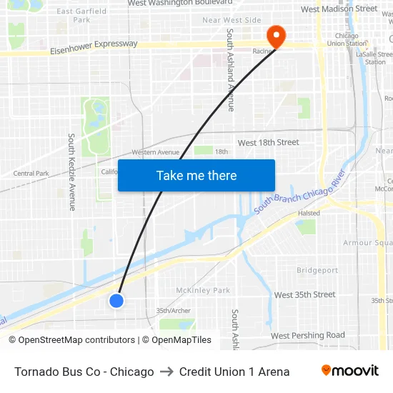 Tornado Bus Co - Chicago to Credit Union 1 Arena map