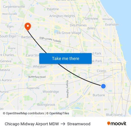 Chicago Midway Airport MDW to Streamwood map