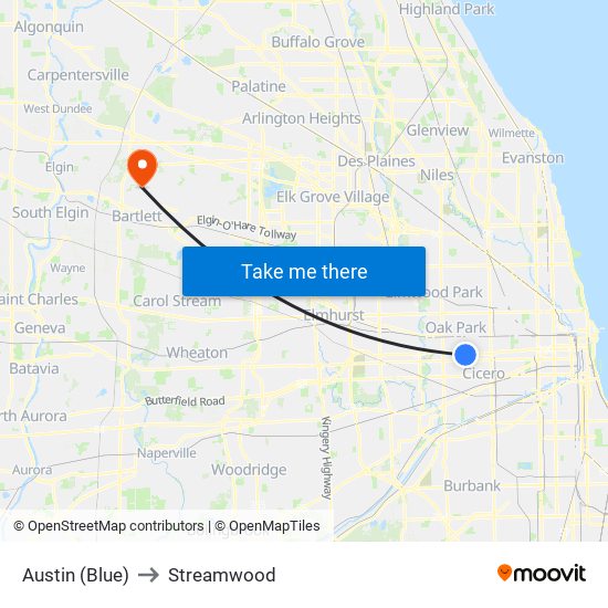 Austin (Blue) to Streamwood map