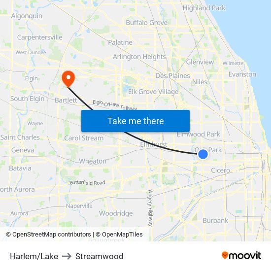 Harlem/Lake to Streamwood map