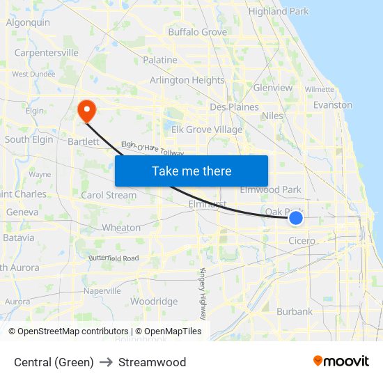 Central (Green) to Streamwood map