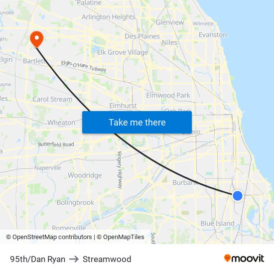 95th/Dan Ryan to Streamwood map